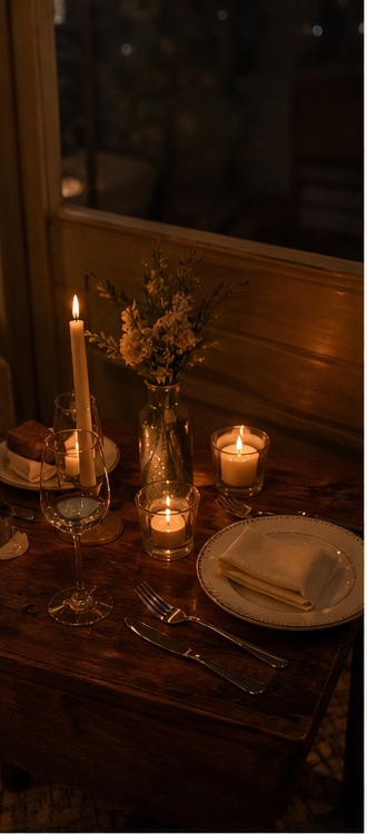 Dinner shared at a softly lit table